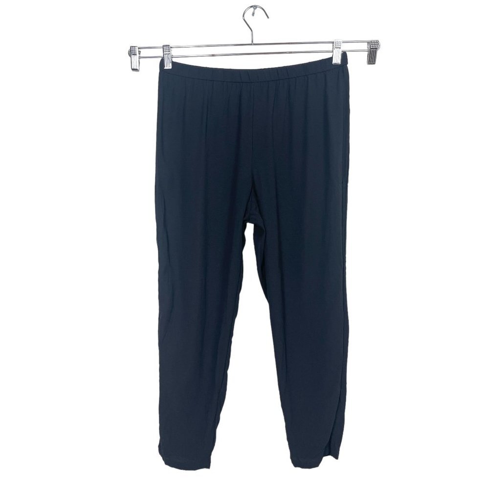 EILEEN FISHER Silk Georgette Crepe Tapered Pant with Side Slit, Black sz M